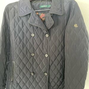 Quilted car coat colorful lining button closure pockets/collar leather trimmed